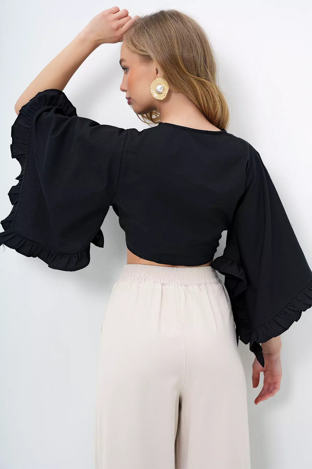 Flared Sleeves Linen Crop Woven Top