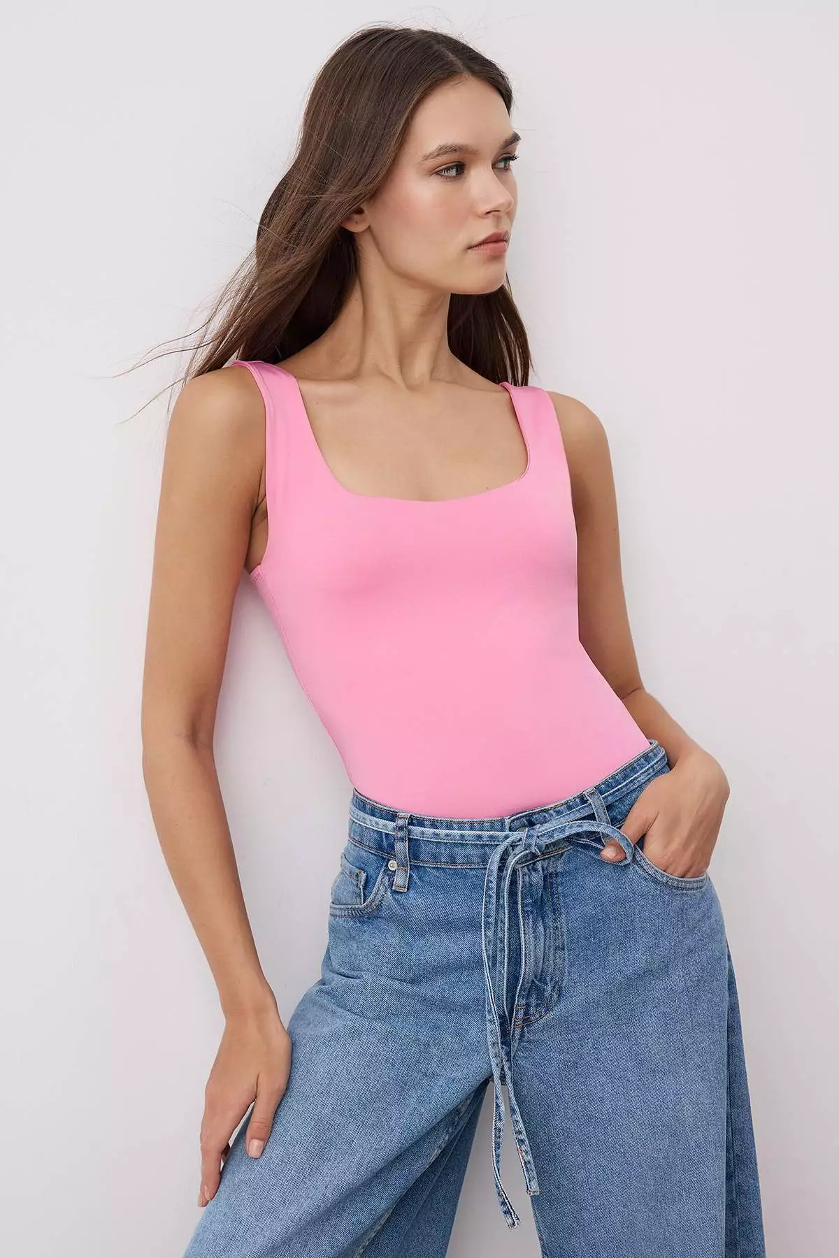 Pink Fitted/Fits The Body Back Detailed Square Neck Snap-Front Flexible Knitted Bodysuit