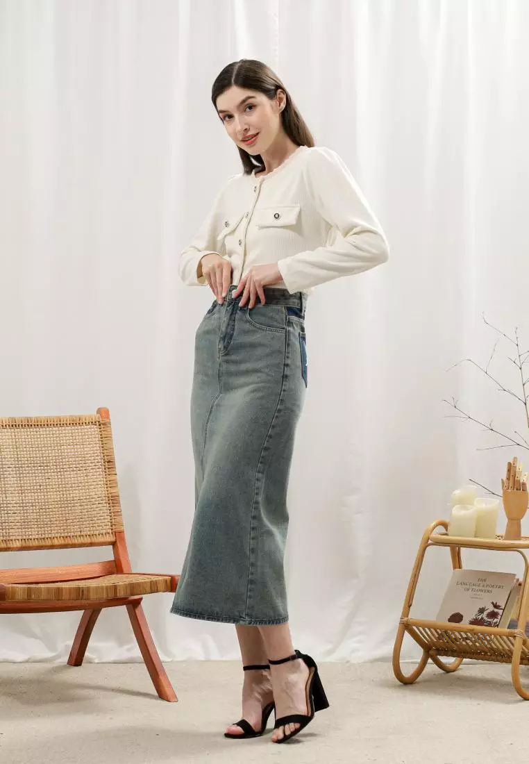 Kallen Slit Midi Skirt Highwaist in Light blue