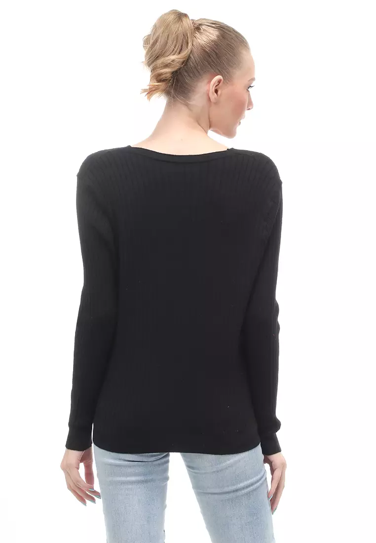 Yardley Cardigan Atasan Wanita Long Sleeves Motif Salur Front Button Opening - Hitam