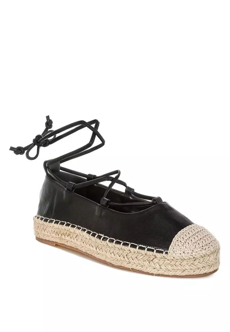 Woven Toe Lace-Up Espadrilles in Black
