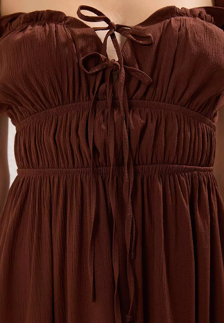 Brown Deep Slit Knitted Beach Dress Tbess21El2991
