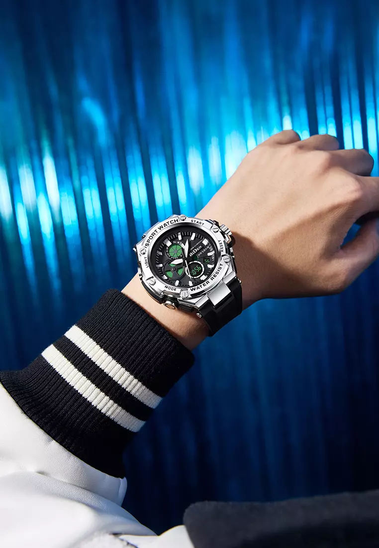 Jam Tangan Pria Original Digital&Analog Bercahaya Anti Air Alarm Tali Silikon Jam Tangan Cowok Olahraga blacksilver