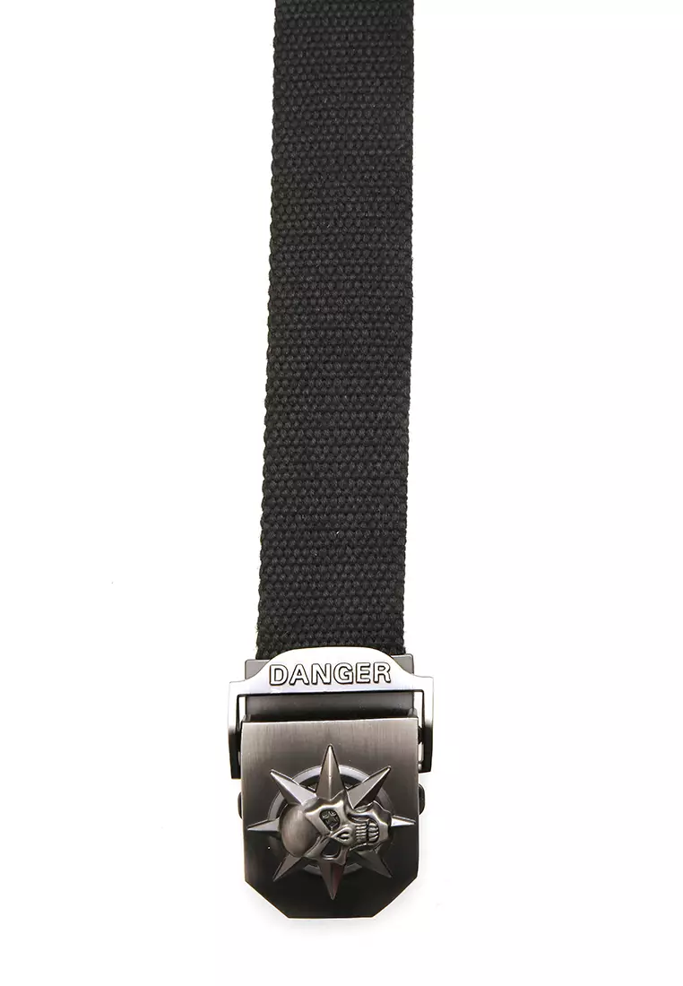 Ilo Aksesoris Fashion Pria Casual Belt Desain Buckle Skull Ikat Pinggang Material Canvas ORIGINAL - Black