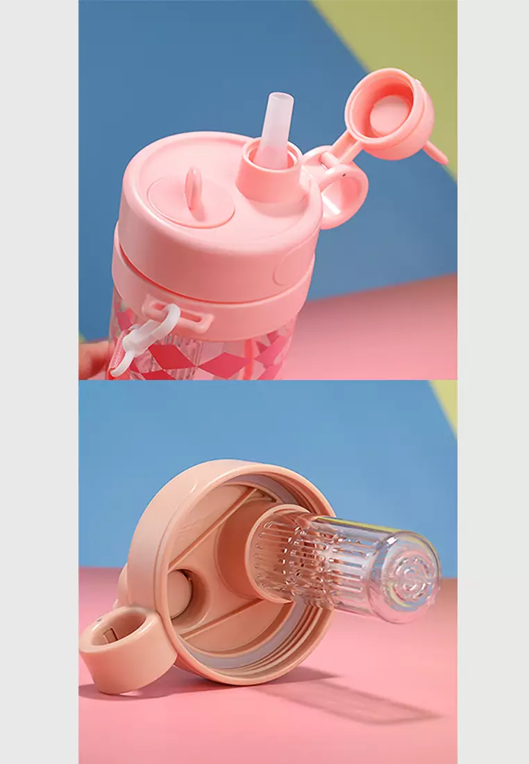 Wakakids Botol Minum Anak Plastik Infused Water Free Sticker Lucu dengan Sedotan dan Tali Panjang 600ml K368 Venhs Pink