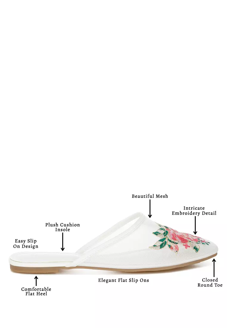 Floral Embroidered Mesh Mules in White