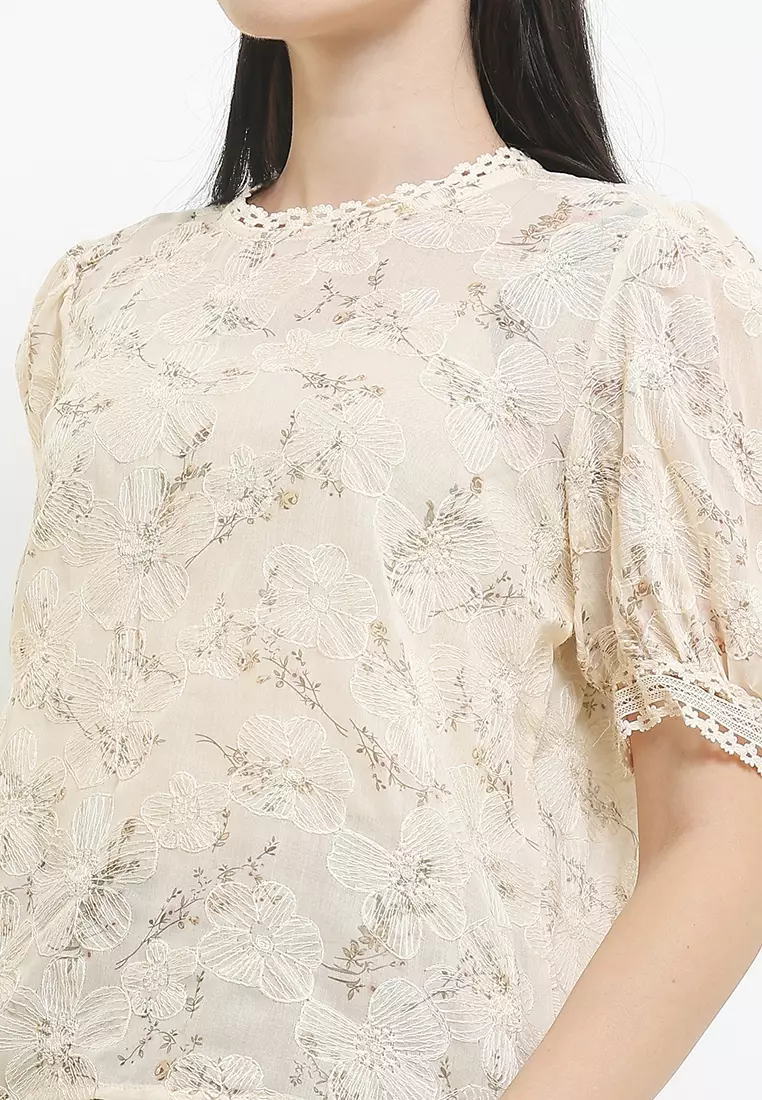 Jual Chic Simple Short Puffed Sleeves Flo Print Emb Blouse Original ...