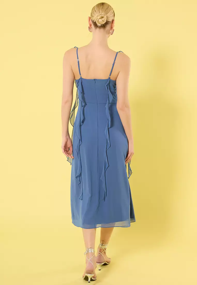 Blue Plain A-Line Frilled Midi Woven Dress