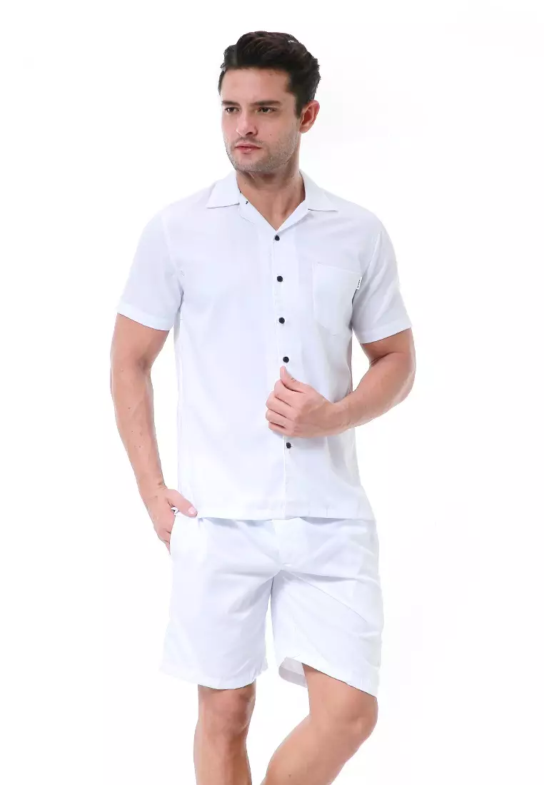 Deon Piyama Pria Plain Motive Kemeja One Set Lengan Pendek Material Cotton ORIGINAL - White