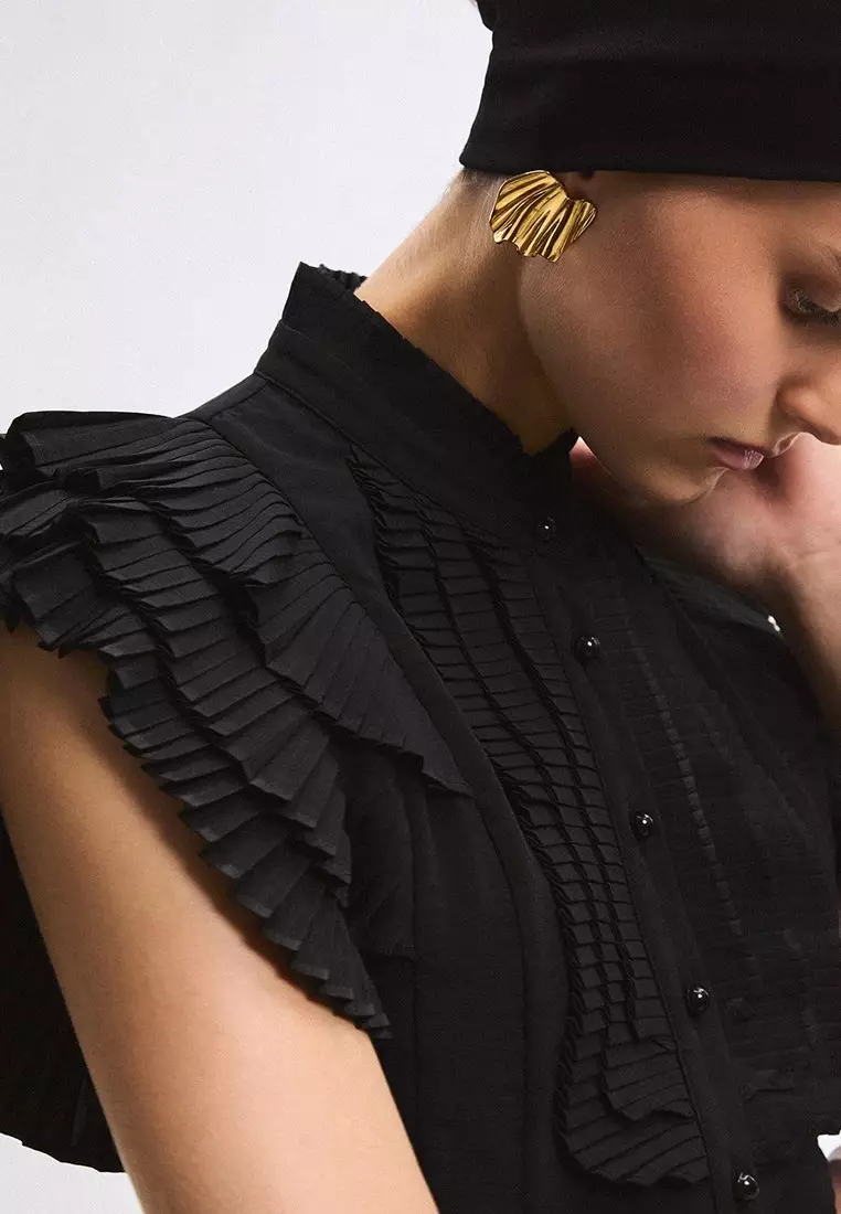 Ruffled Placket Top - Black