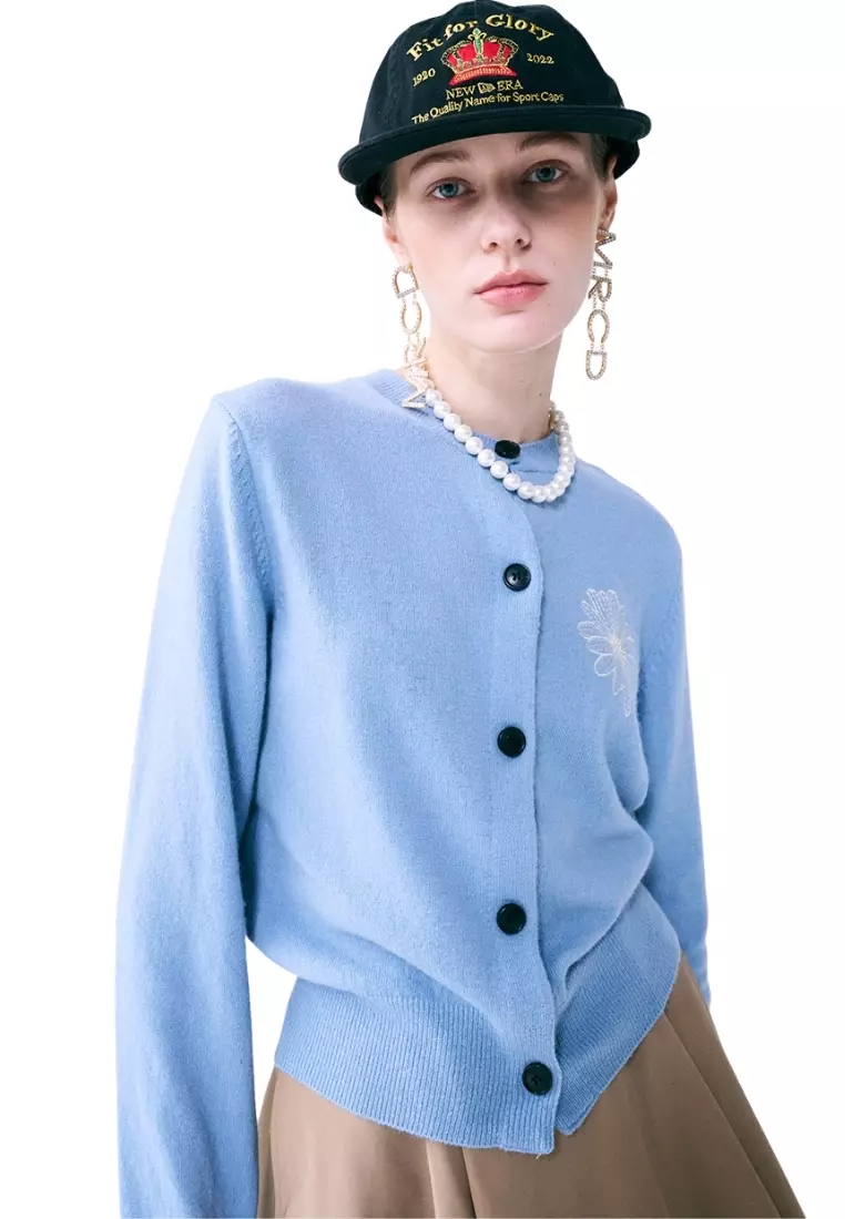 Cashmere Blended Cardigan Round Neck - Sky Ivory