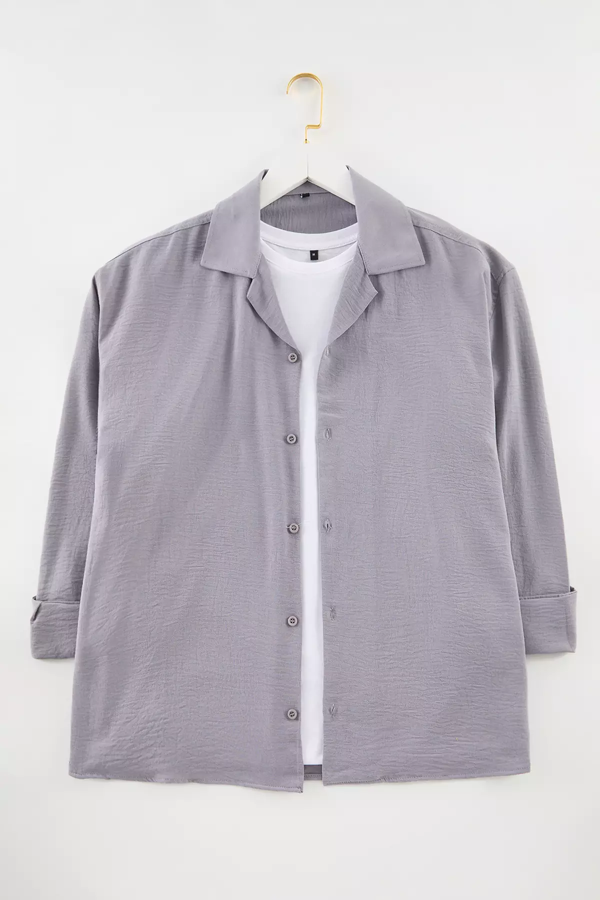 Light Gray Oversize Summer Linen Look Shirt - Apache Collar Tmnss23Go00053