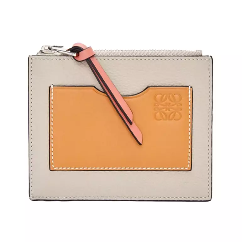 Large Square Coin Cardholder in Soft Grained Calfskin Light Oat/Honey