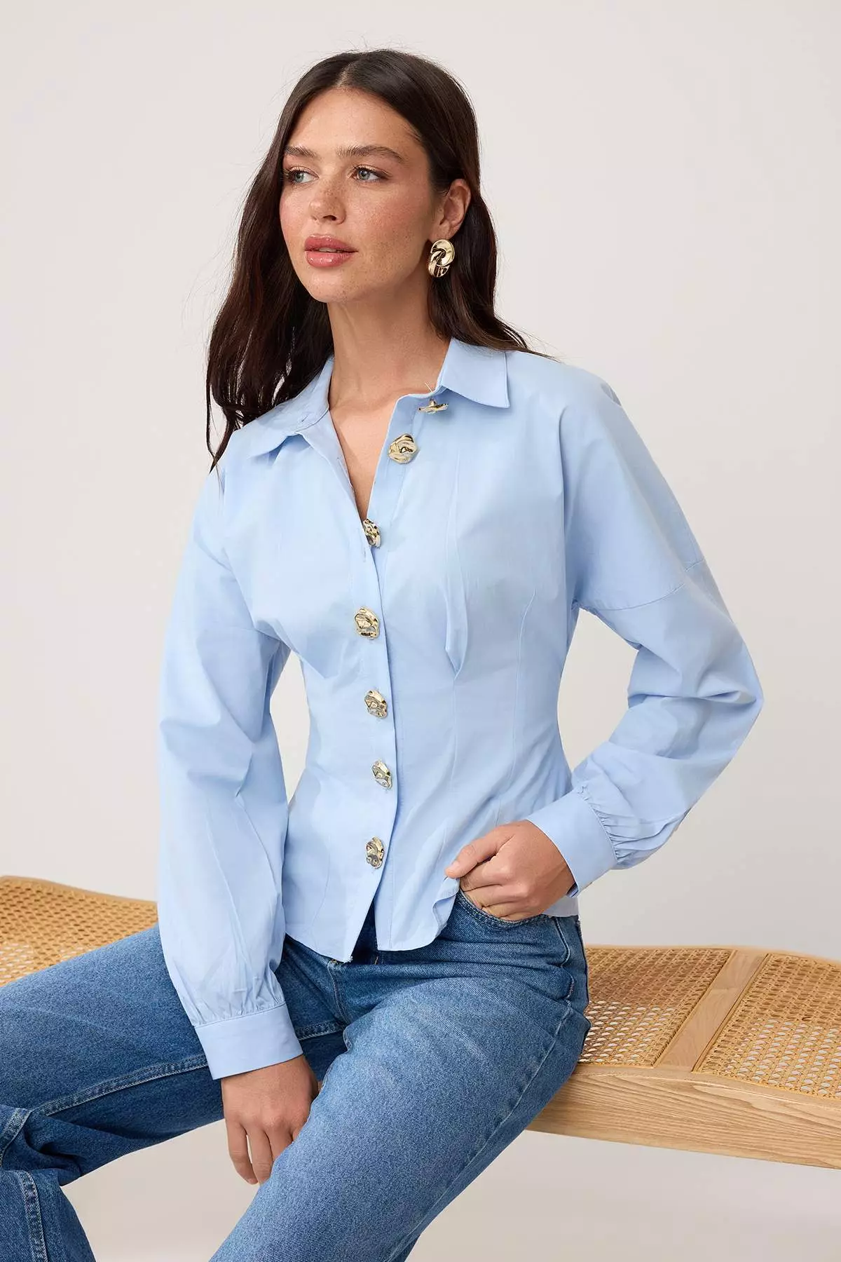 Light Blue Gold Accessory Cotton Waist-Fitted Shirt Twoss26Go48
