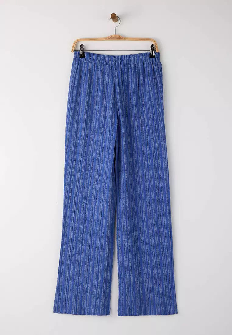 Blue Elastic Waist Textured Trousers