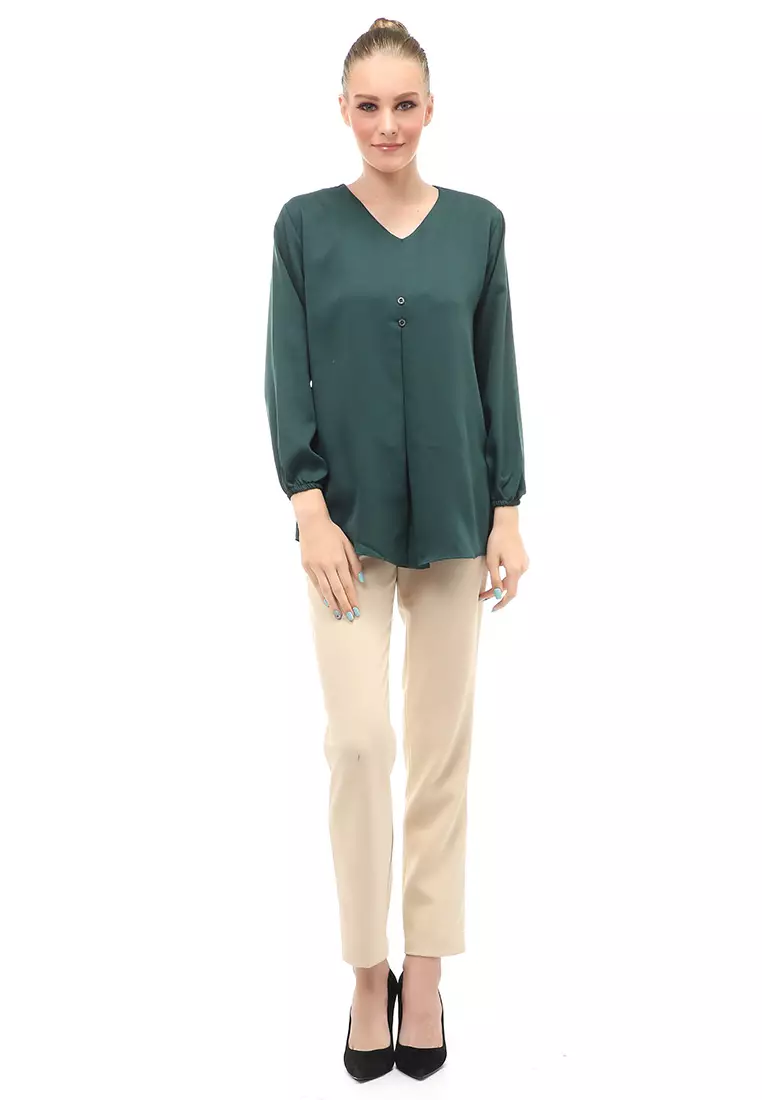 Mitzi Blouse Wanita Kerah V-neck Motif Solid Aksen Kancing Design Casual - Hijau Botol