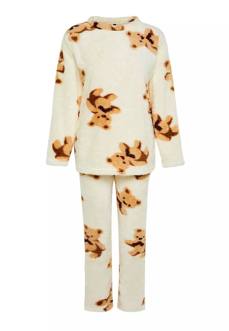 Ecru Multicolored Teddy Bear Wellsoft Winter Knitted Pajama Set THMAW24PT00191