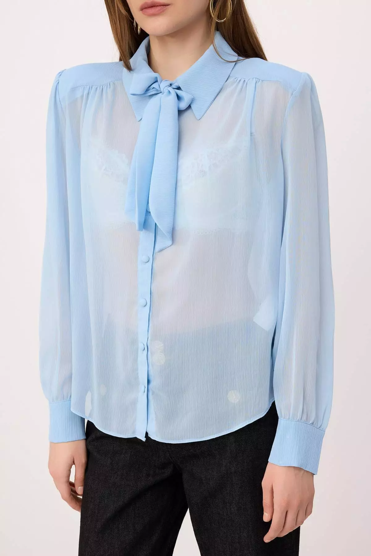 Blue Shoulder Pad And Scarf Detailed Transparent Stylish Woven Shirt Twoss26Go67