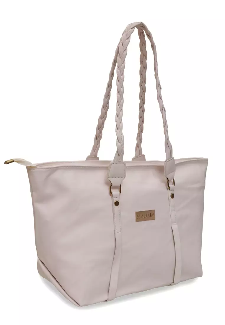 Laura Tote Bag Wanita Tali Desain Kepang Tas Bahu Large Compartment Material Leather ORIGINAL - White