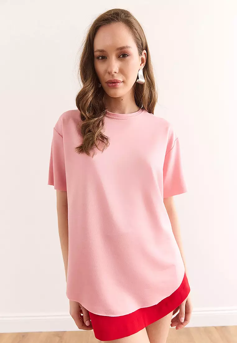 女裝粉末莫代爾紋理柔軟紋理六個橢圓形T恤 Tsh-19000771