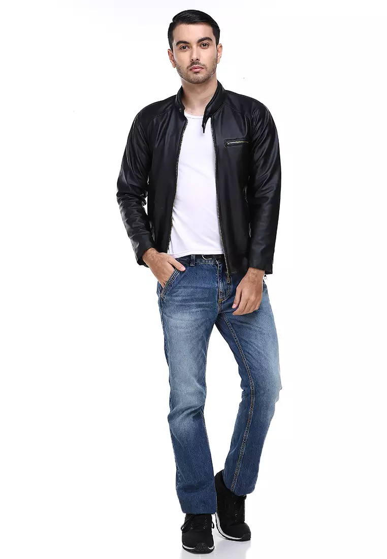 Clover Jaket Kulit Pria Elastis Mewah Casual Jacket Three Pockets Material Kulit Leather ORIGINAL - Black