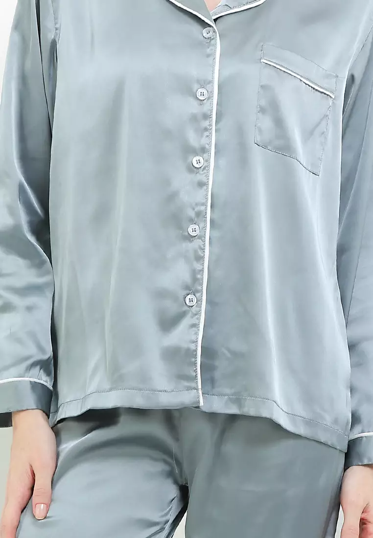 Piyama Pyjama Baju Tidur Satin Silk Long Sleeve Long Pants Kantong Celana Kanan Kiri Sleepwear