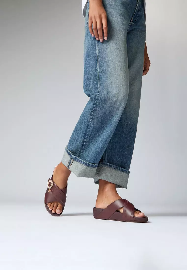 FitFlop LULU Crystal-Buckle Leather Cross Slides - Mauve Wine (HO1-B37)