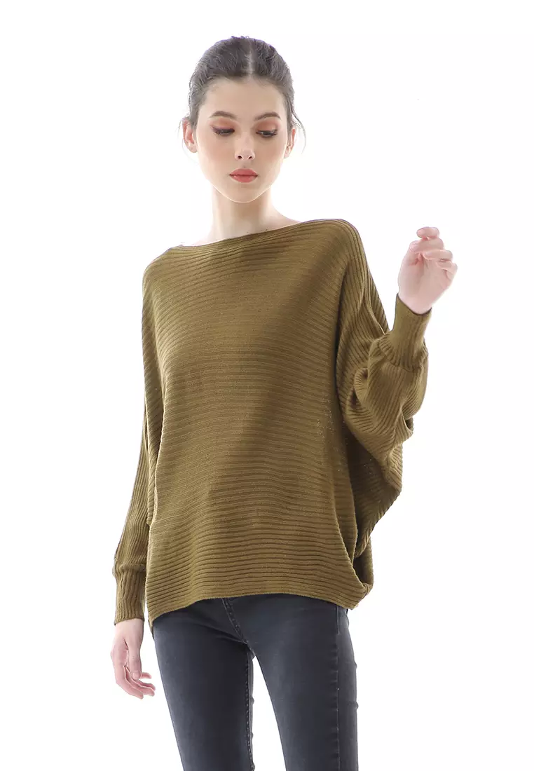 Eveline Sweater Rajut Batwing Atasan Wanita Motif Polos High Quality - Bronze