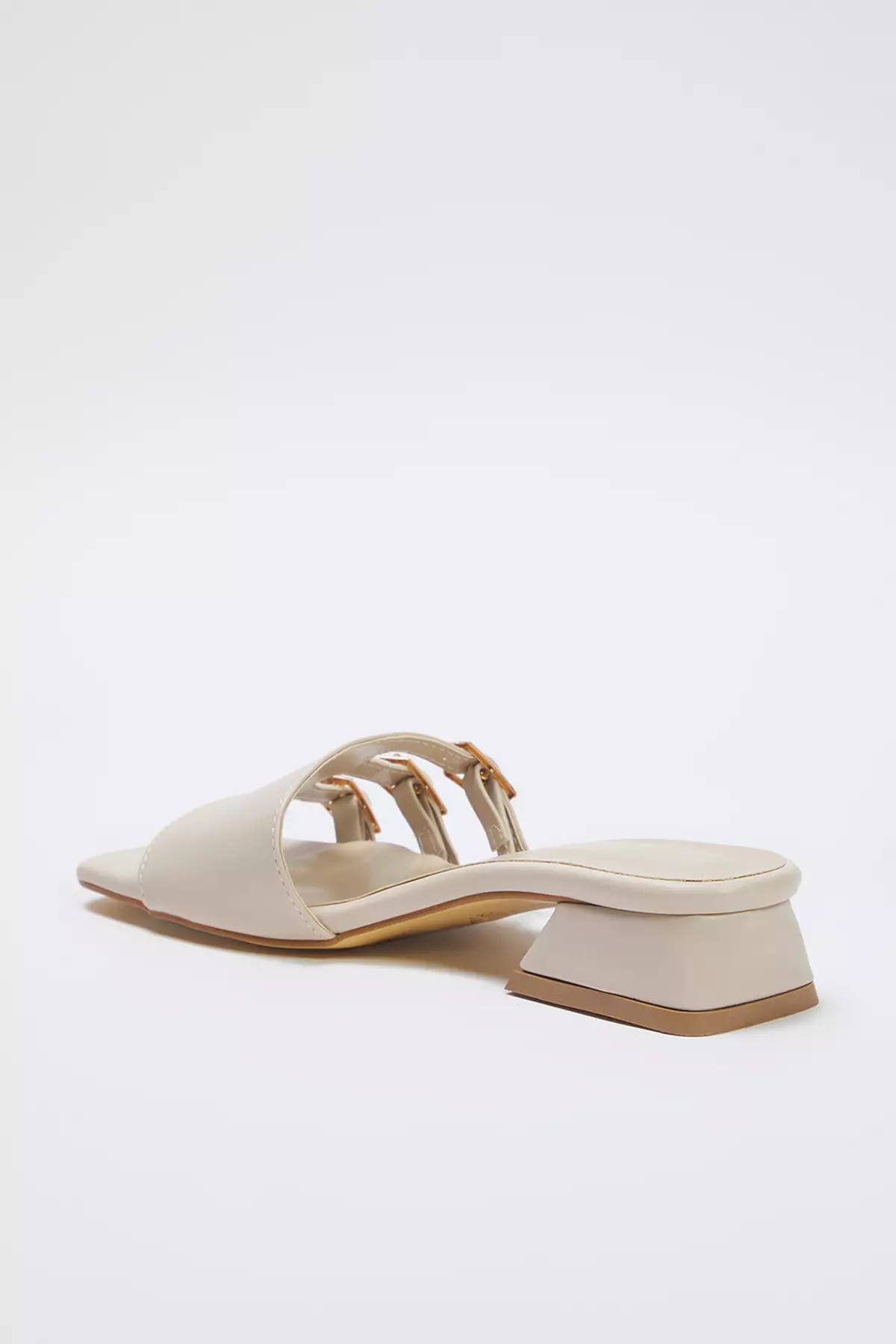 Beige Gold Buckle Block Heel Women Heels Slippers Takss25To00036