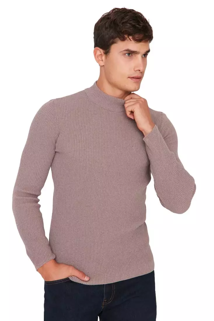 Slim Fit Buttoned Polo Neck Corduroy Knitted Sweater