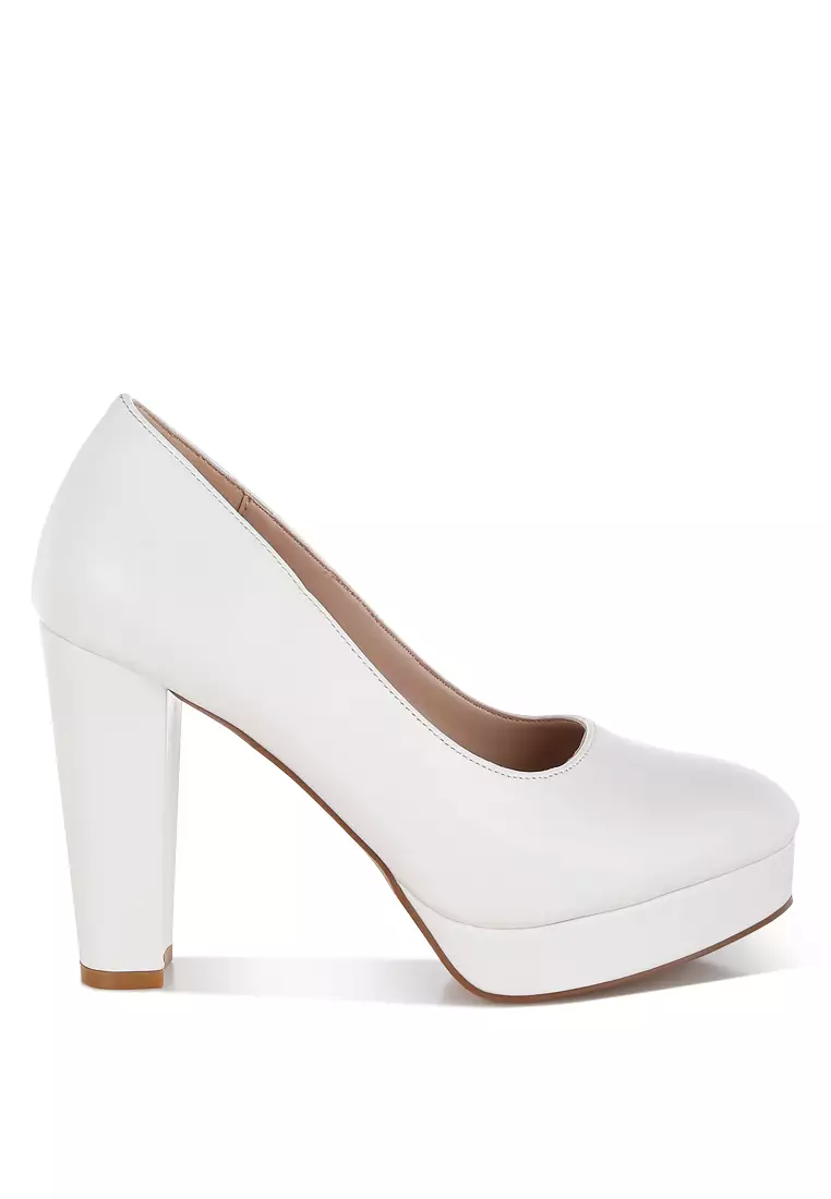 Faux Leather Block Heel Pumps In White