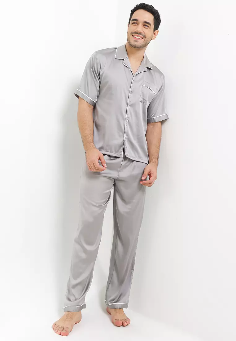 Pyjama Pijama Baju Tidur Satin Silk Short Sleeve Long Pants Berkantong Mens Pria Sleepwear