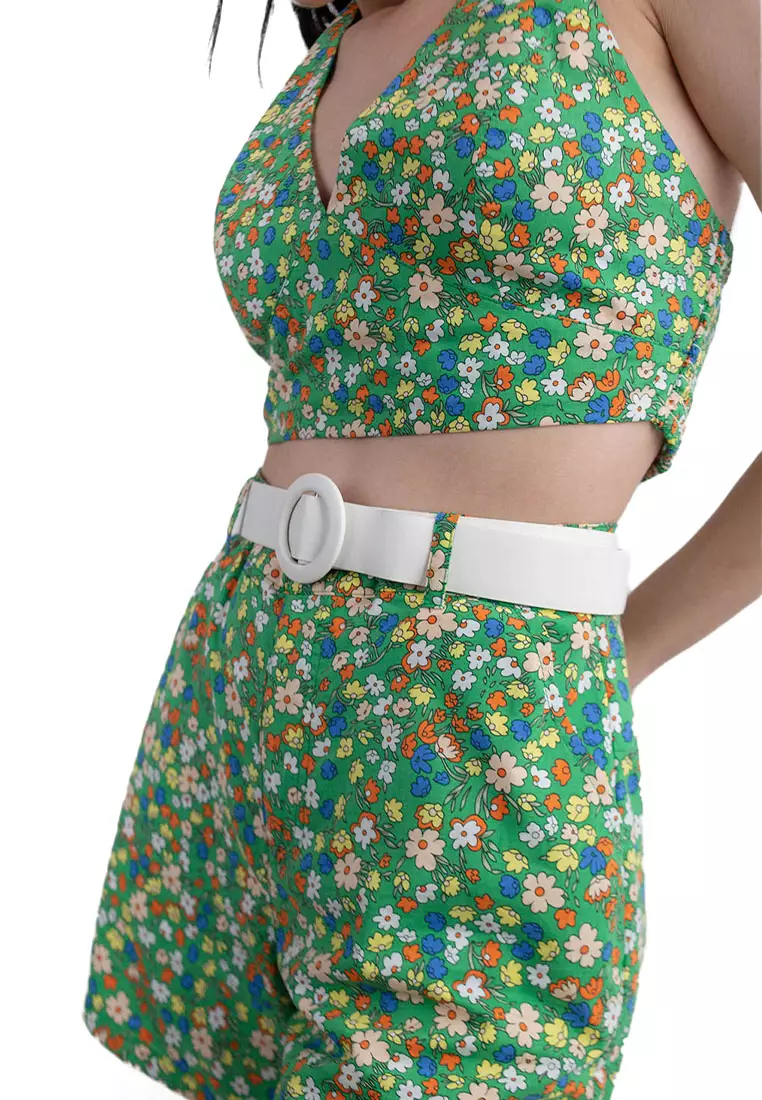 Groovy Flowers Halter Top Shorts Set With Detachable Belt