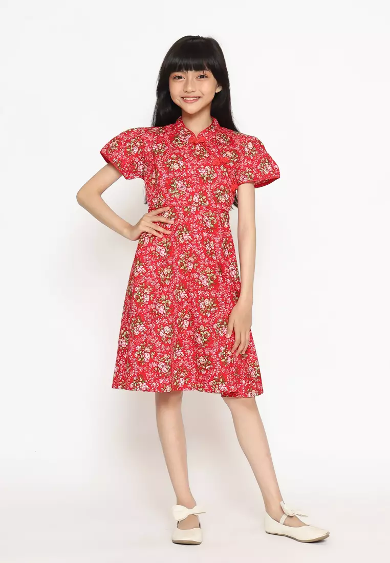Dress Anak Perempuan Kerah Mandarin Bunga Red - CUTE
