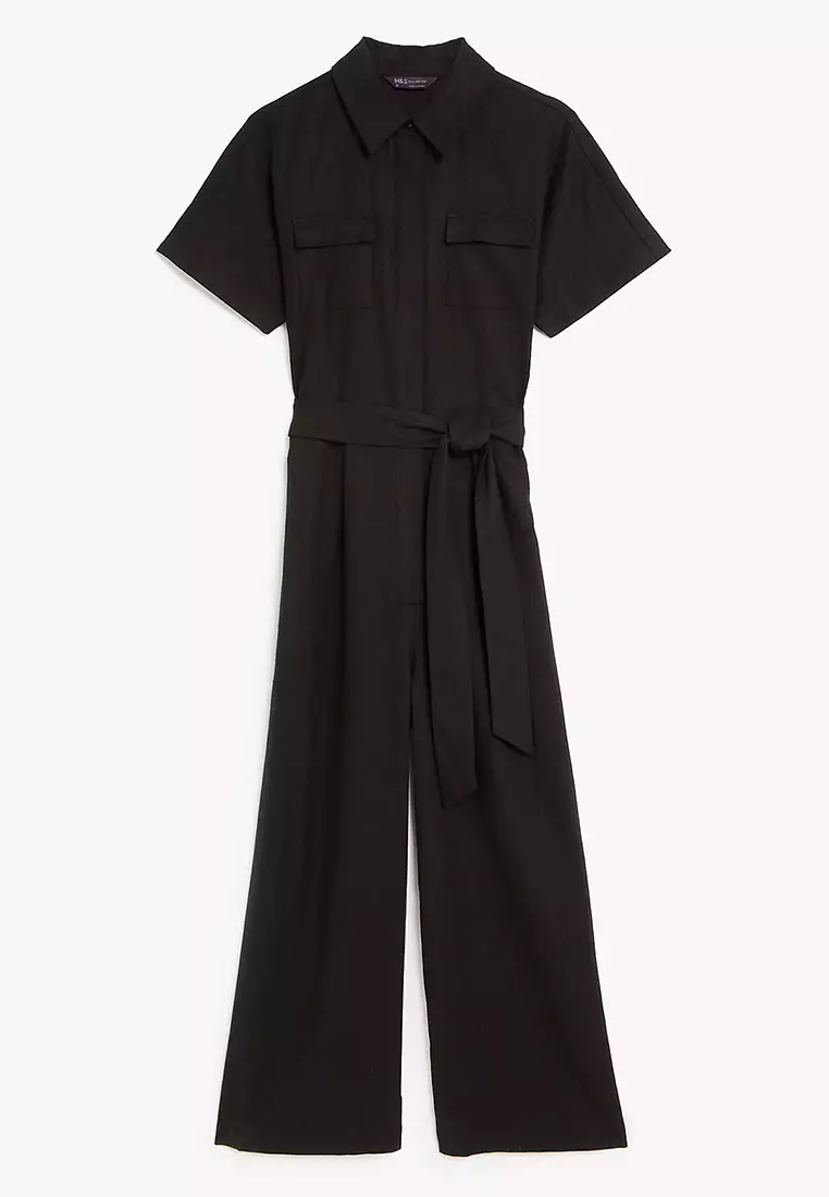 Linen Blend Belted Cropped Jumpsuit