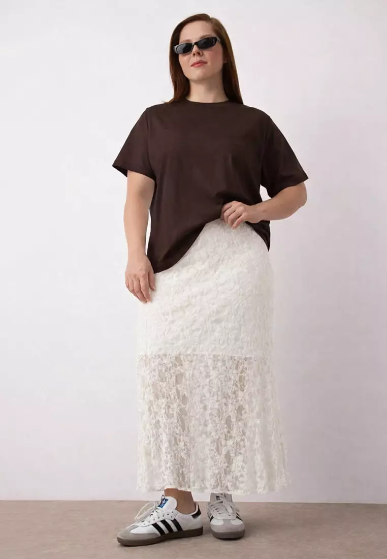Ecru Lace A-Line Mini Lined Plus Size Skirt Tbbss25Az00029