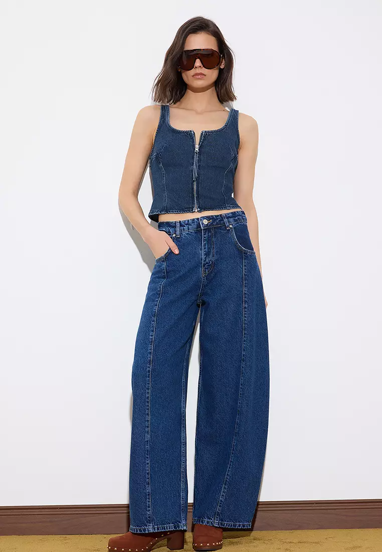 Limited Edition Blue Draped High Waist Baggy Jeans With Stitching Detail Twoss26Je8