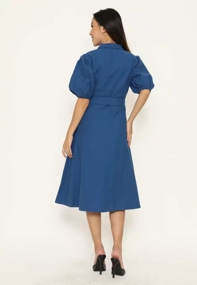 Urban Exchange Scarlet Dress Blue - Midi Dress Linen Warna Blue