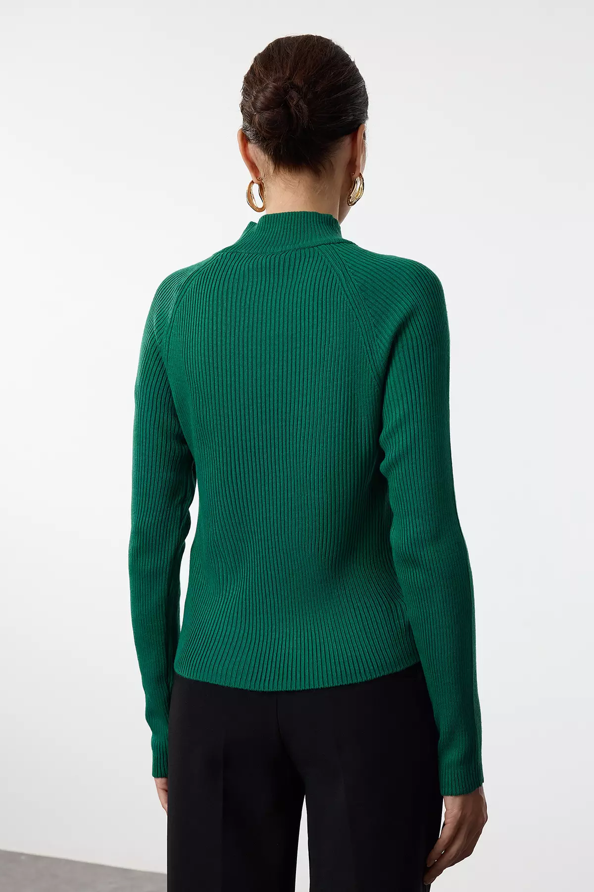 Green Button Stand Collar Detail Slim Fitted/Full Body Knitwear Sweater