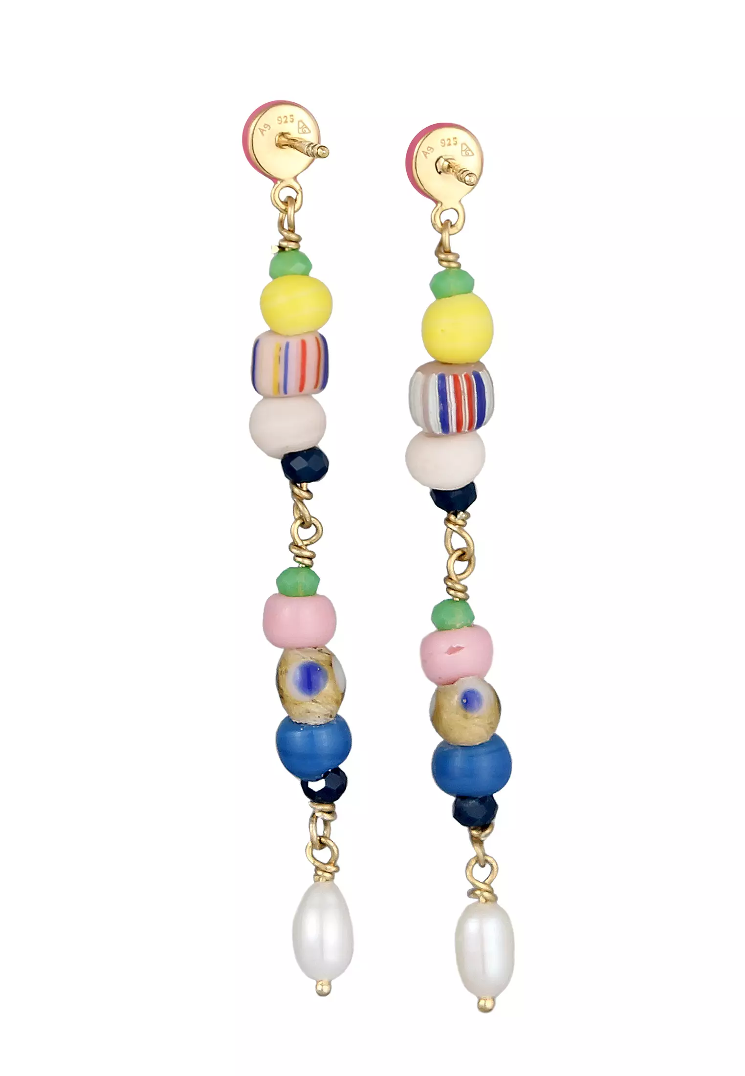 Earrings Ear Hangers Beads Colourful Freshwater Cultured Pearl Enamel In Gold Plated