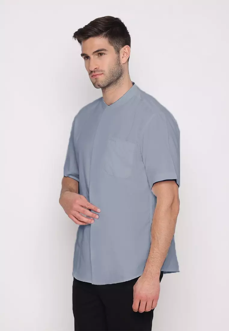 POLICE Kemeja Koko Polos Cotton Soft Blue Grey Regular Fit Lengan Pendek Pria