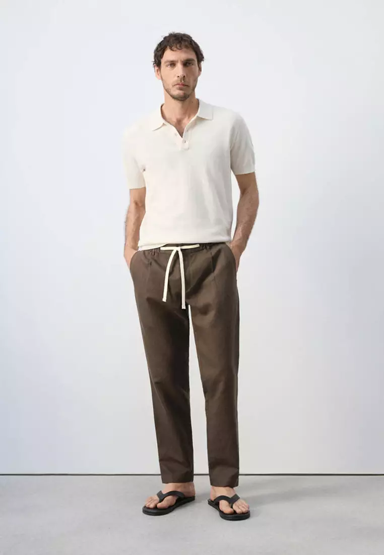 Slim Fit Cropped Linen-Cotton Trousers