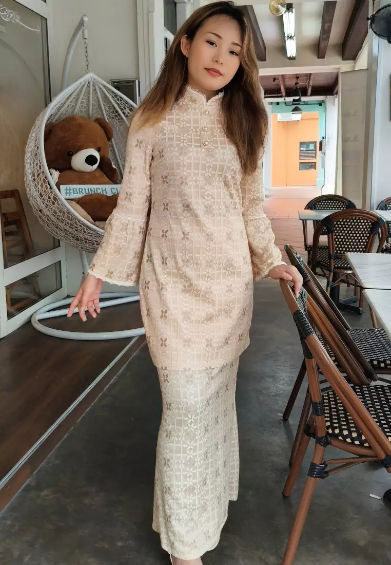 High Neck Beige Checkered Lace Modern Baju Kurung Hari Raya