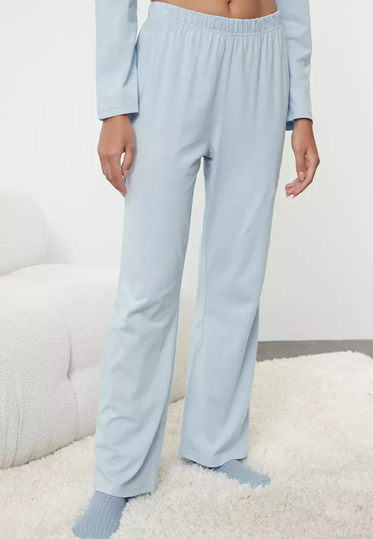 Blue %00 Cotton Teddy Bear and Slogan Printed Knitted Pajama Set THMAW25PT00186