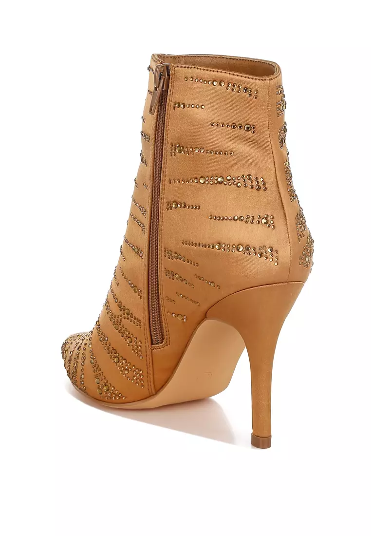 Sepatu Bot Pesta Satin Rhinestone Ankle Warna Coklat