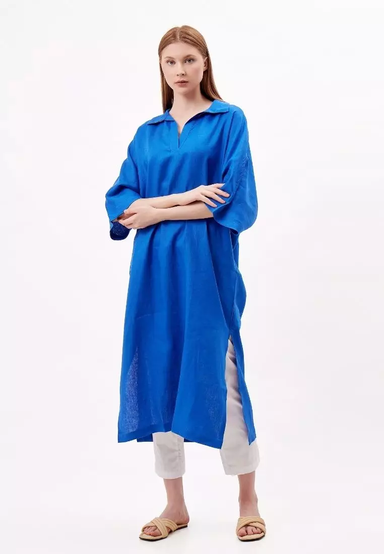 Sharjah Dress Kaftan Linen Wanita Biru | Linen Kaftan Dress Women Blue