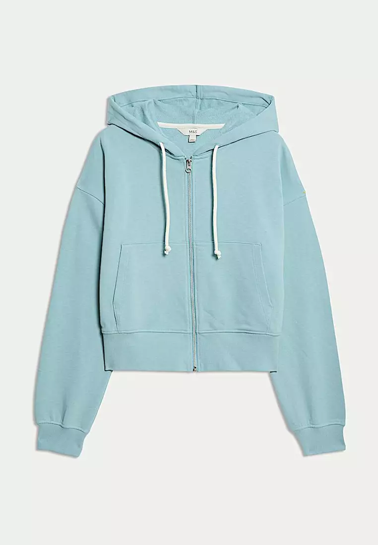 Pure Cotton Cropped Zip Through Hoodie