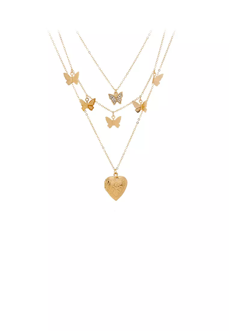 Fashion and Simple Plated Gold Heart-shaped Butterfly Pendant with Cubic Zirconia and Multi-layered Necklace