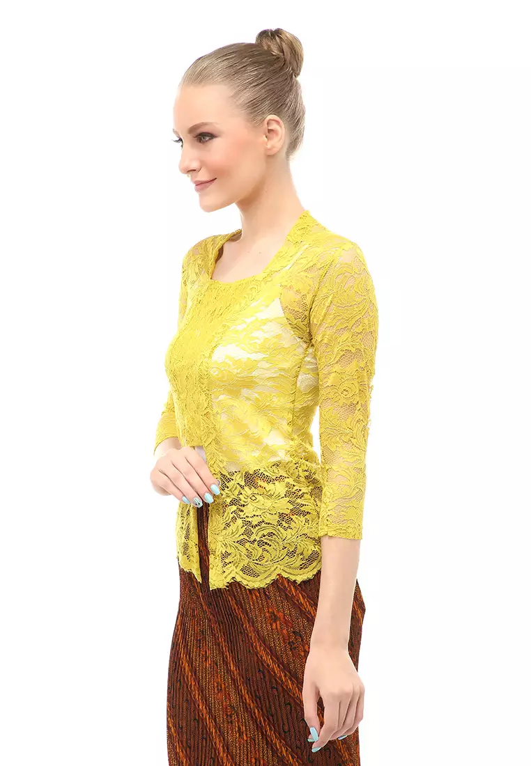 Hara Kebaya Seri 1 Motif Brokat Long Sleeves Atasan Wanita Transparan Premium Quality - Hijau Sandat