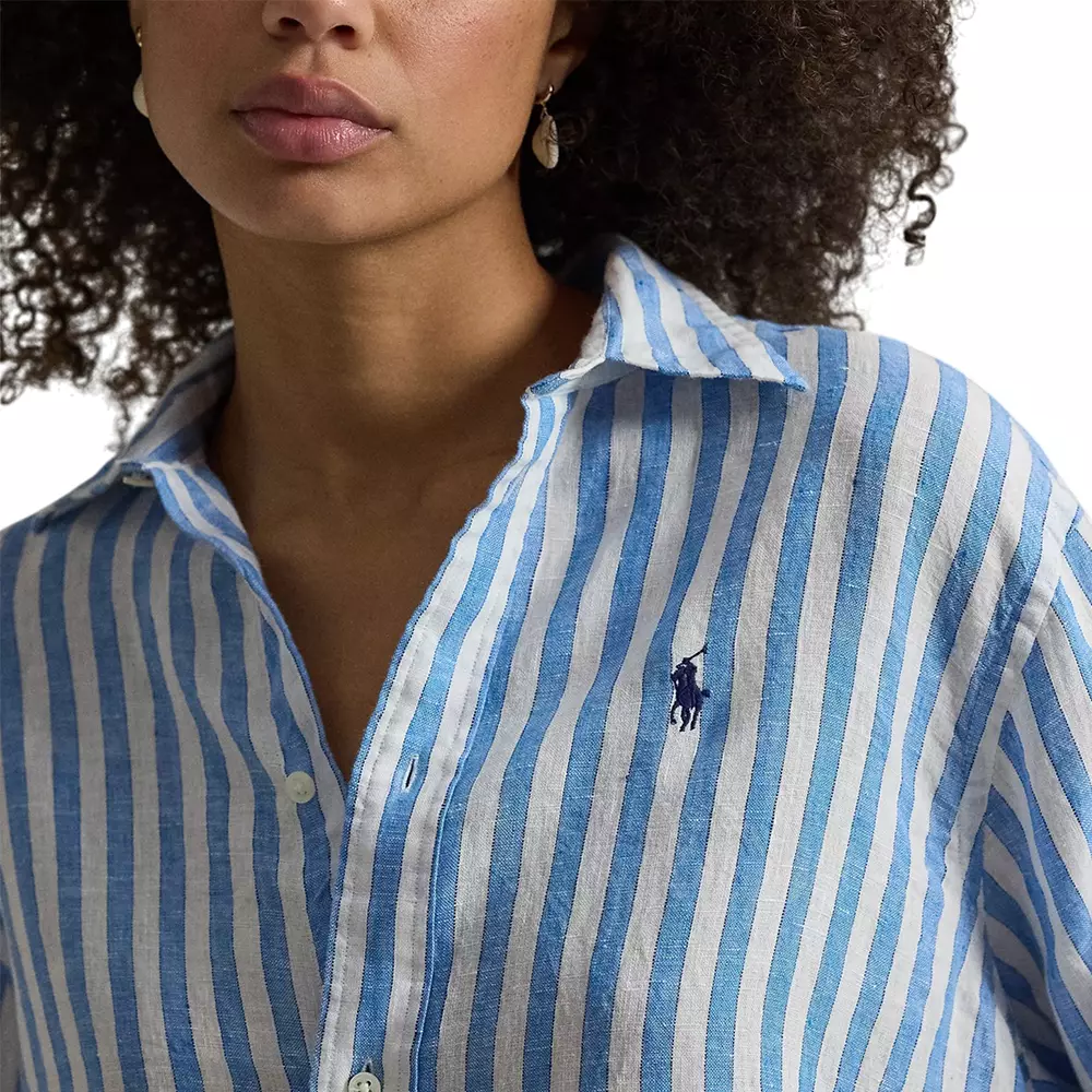 Cropped Striped Wide Linen Shirt Blue White